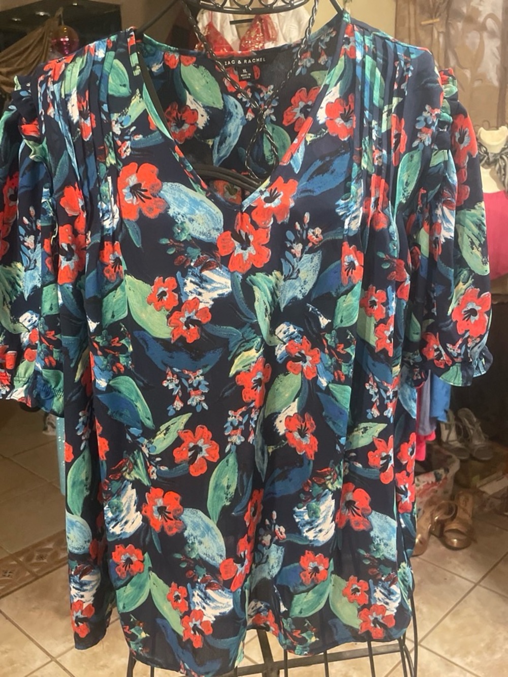 Zac & Rachel Navy Floral V-Neck Tunic with Red & Green Accents